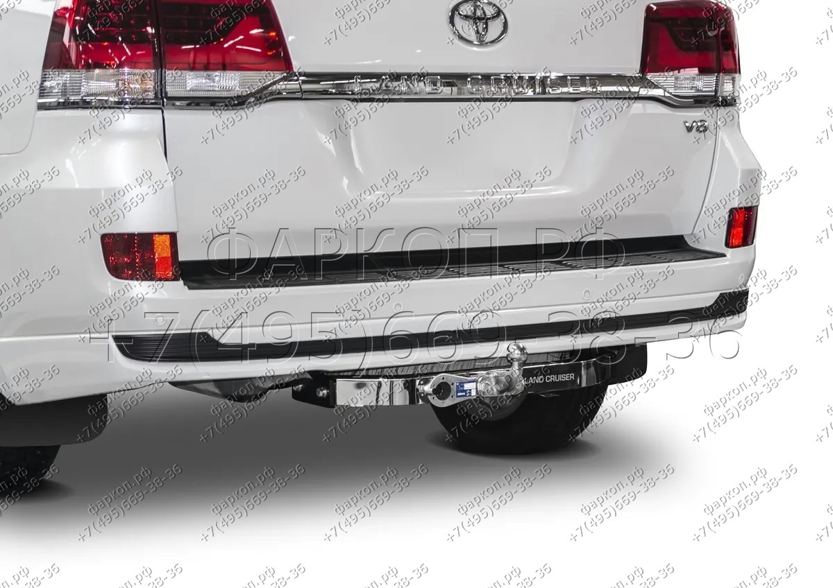 Фаркоп с нержавеющей накладкой на Toyota Land Cruiser 200 (Executive, TRD) 2007-2021 без снятия и подрезки бампера. Тип шара: F. Нагрузки: 1500/75 кг, масса фаркопа 21 кг (без электрики в комплекте)