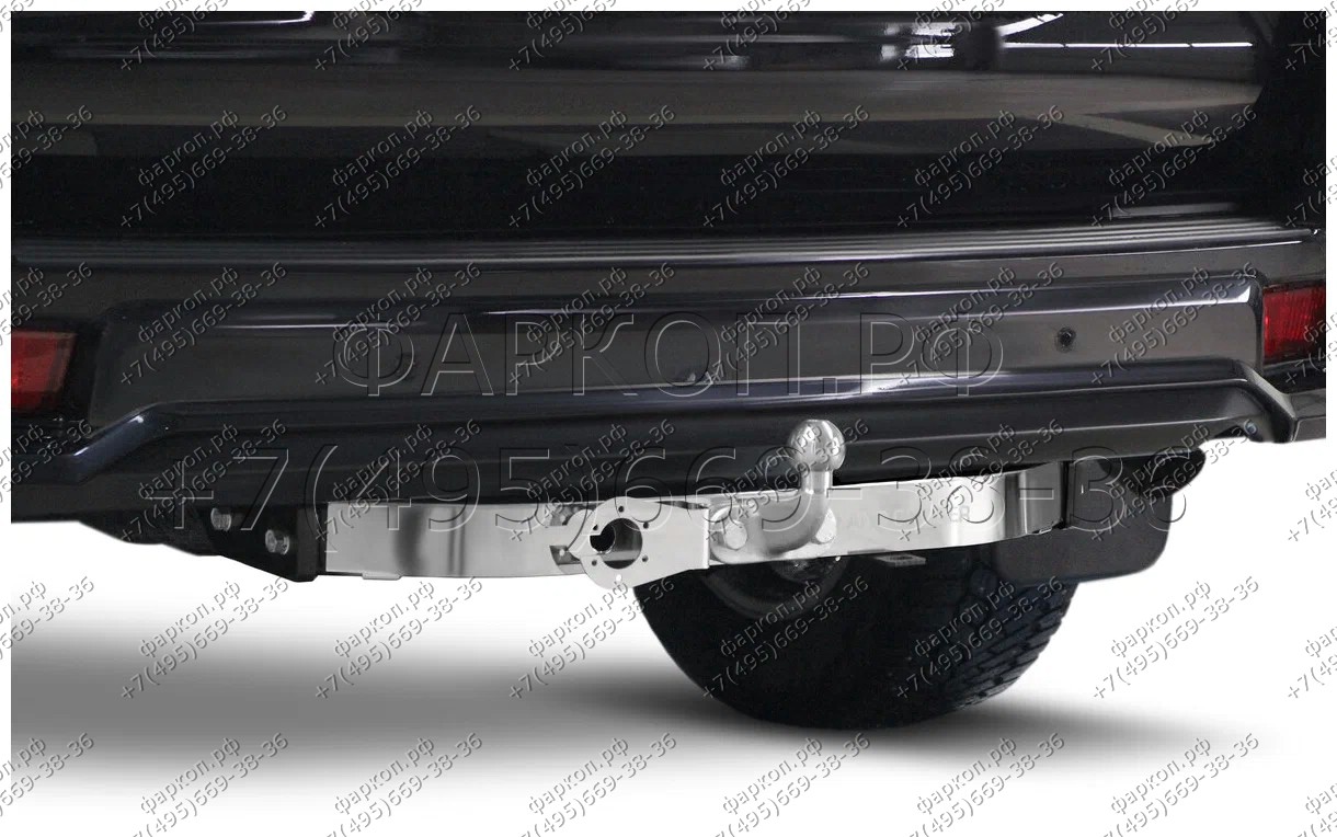 Фаркоп с нержавеющей накладкой на Toyota Land Cruiser Prado 150 Black Onyx 2020-2023 без снятия и подрезки бампера. Тип шара: F. Нагрузки: 1500/75 кг, масса фаркопа 20,7 кг (без электрики в комплекте)