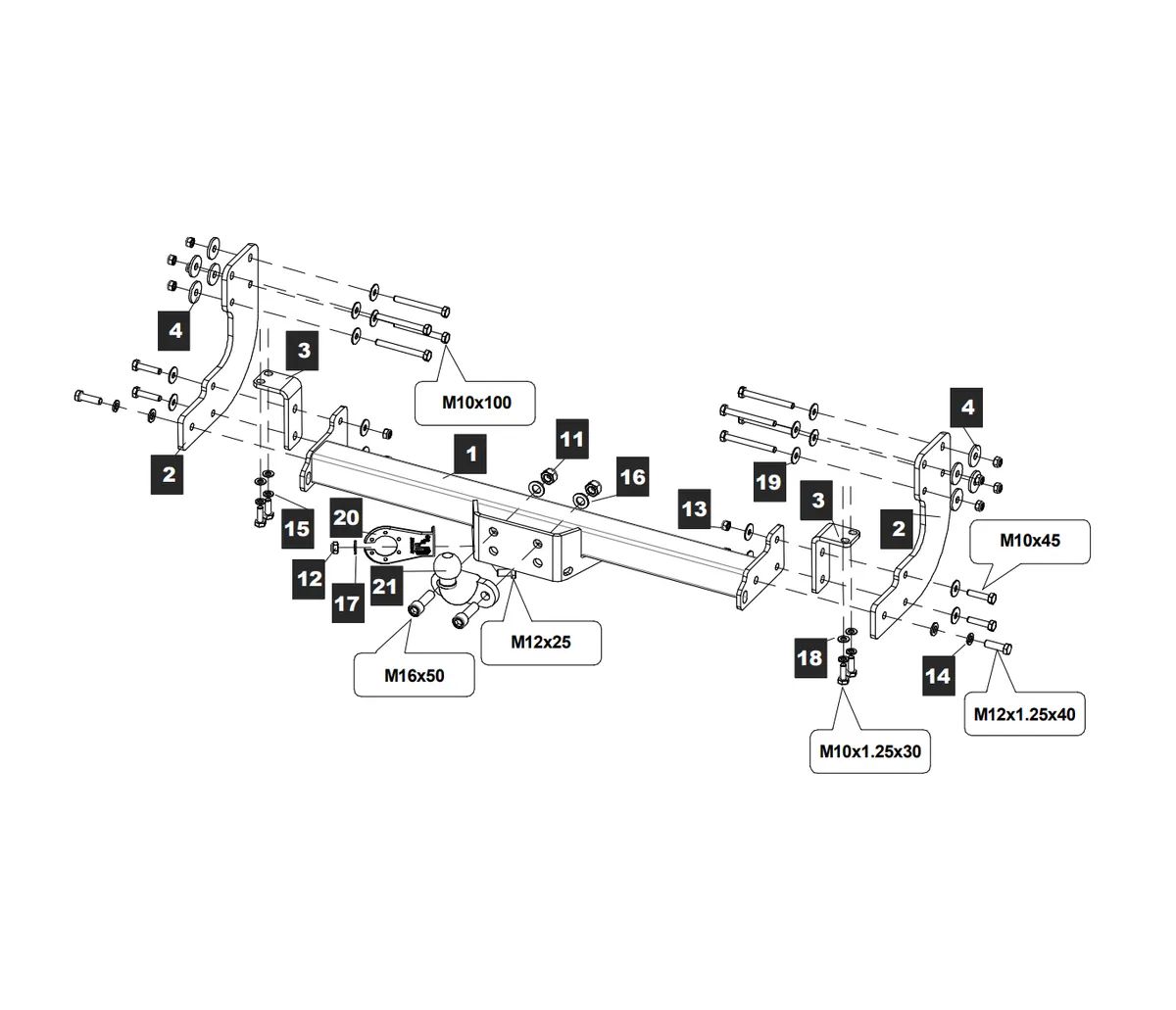 Фаркоп на Mercedes Sprinter Classic без ступеньки 2013-2020, Mercedes Sprinter без ступеньки 1996-2006, Volkswagen LT без ступеньки 1995-2006 без снятия и выреза бампера. Тип шара: F. Нагрузки: 2500/120 кг, масса фаркопа 20,44 кг (без электрики в комплекте)