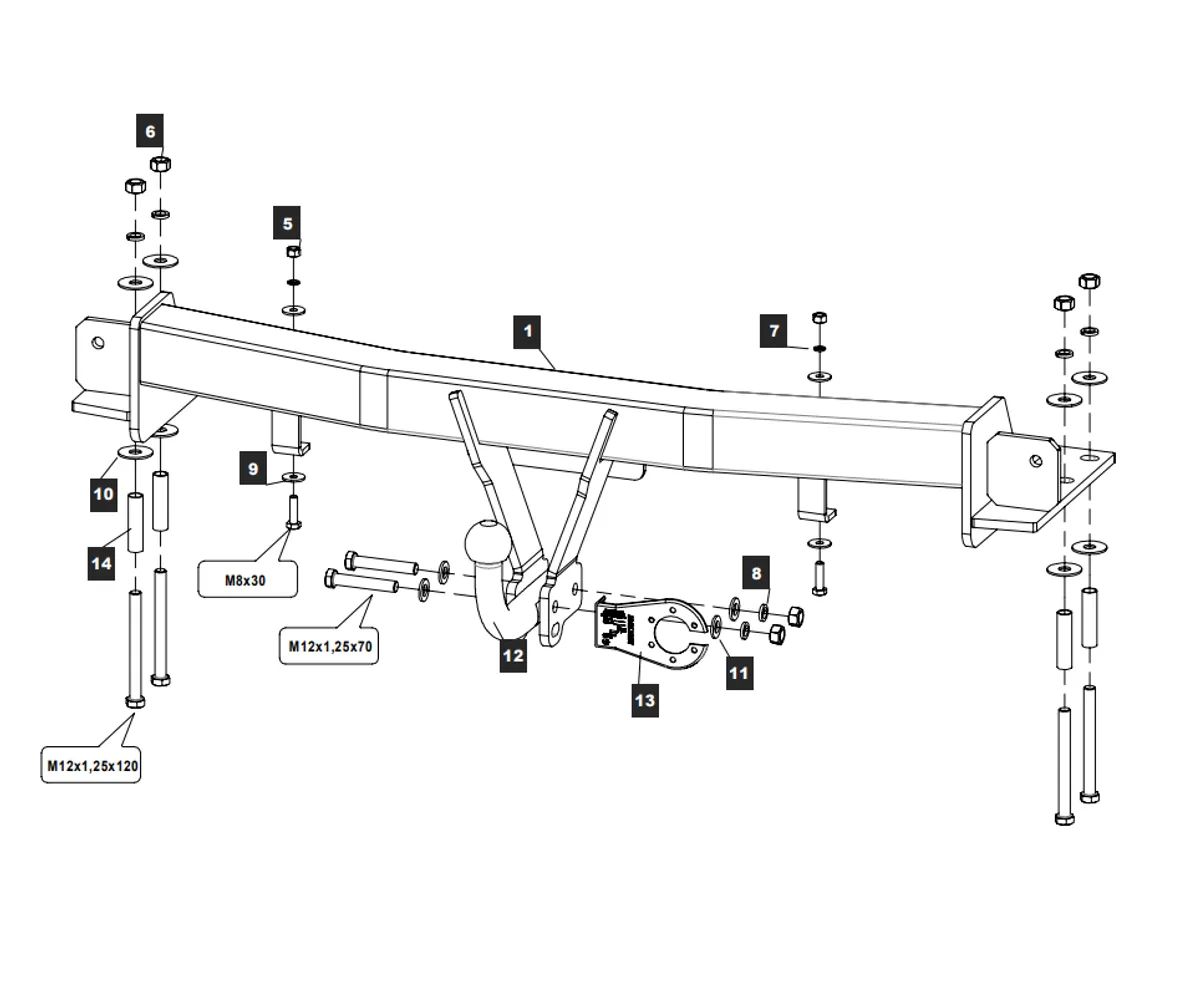 Фаркоп на SsangYong Kyron 2005-2015. Необходима подрезка бампера. Тип шара: A. Нагрузки: 2400/100 кг, масса фаркопа 23 кг (без электрики в комплекте)