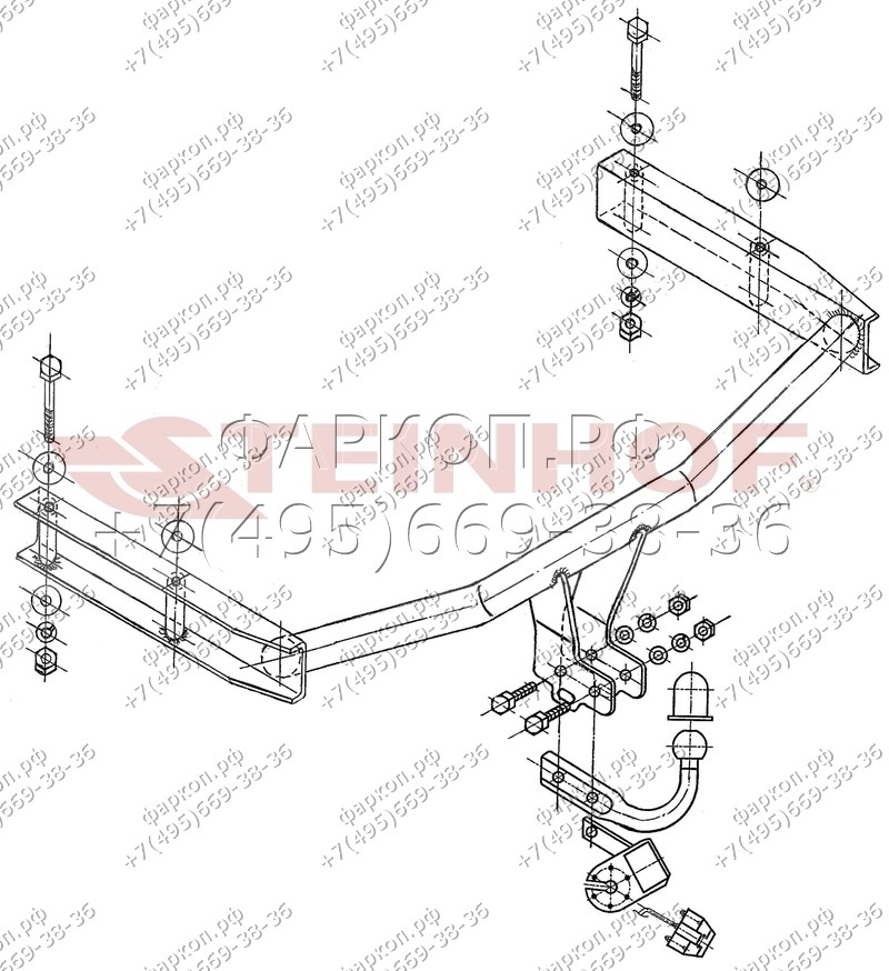 Фаркоп на Audi A4 седан, в т.ч. Quattro 11/2000-2004, Audi A4 универсал, в т.ч. Quattro 11/2001-2004. Требуется подрезка бампера. Тип шара: A. Нагрузки: 2000/85 кг, масса фаркопа 19,6 кг (без электрики в комплекте)