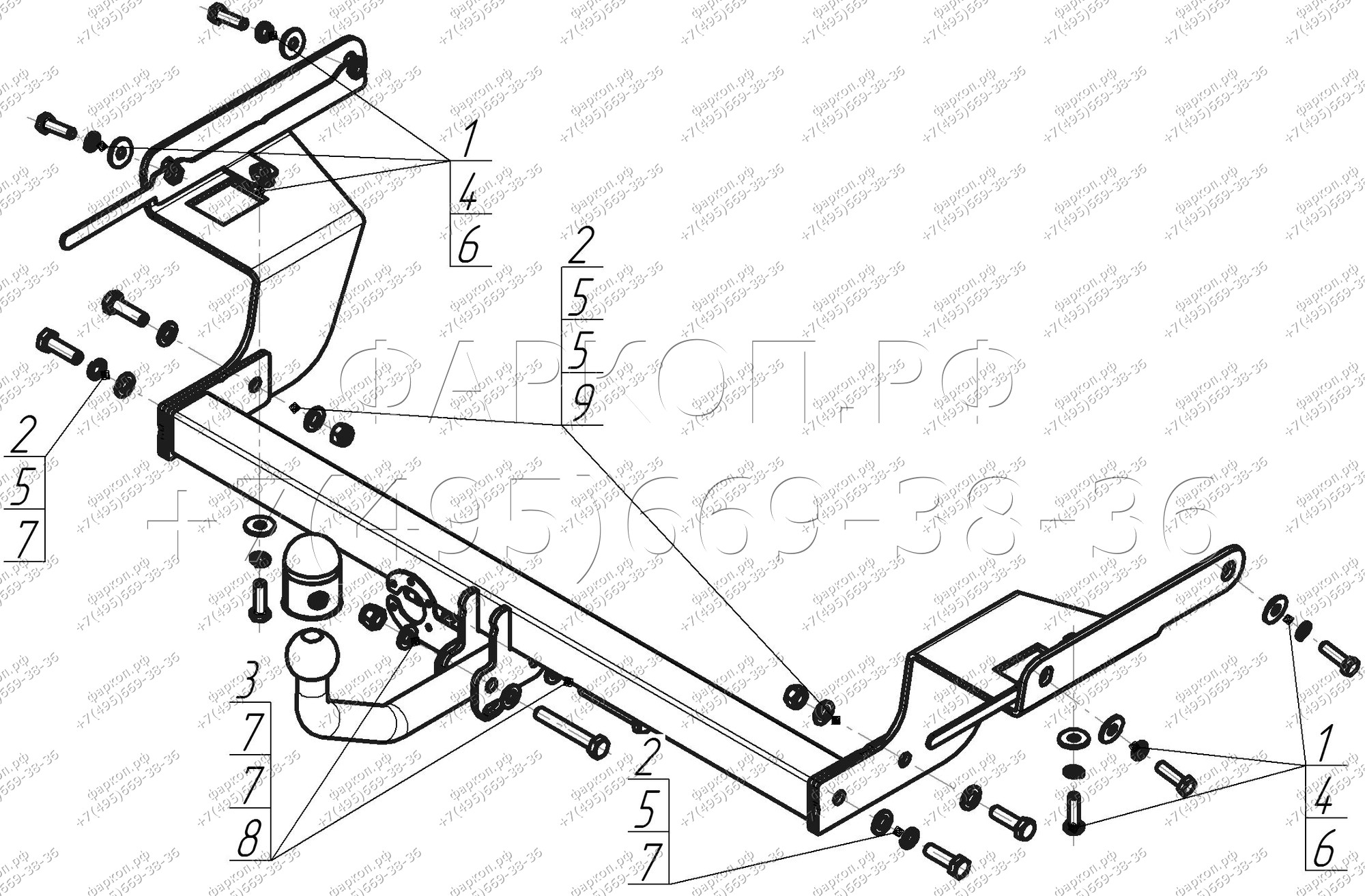 Фаркоп с оцинкованным шаром на Ford Focus II универсал 2005-2011. Необходима подрезка бампера. Тип шара: A. Нагрузки: 1300/75 кг, масса фаркопа 15,4 кг (без электрики в комплекте)