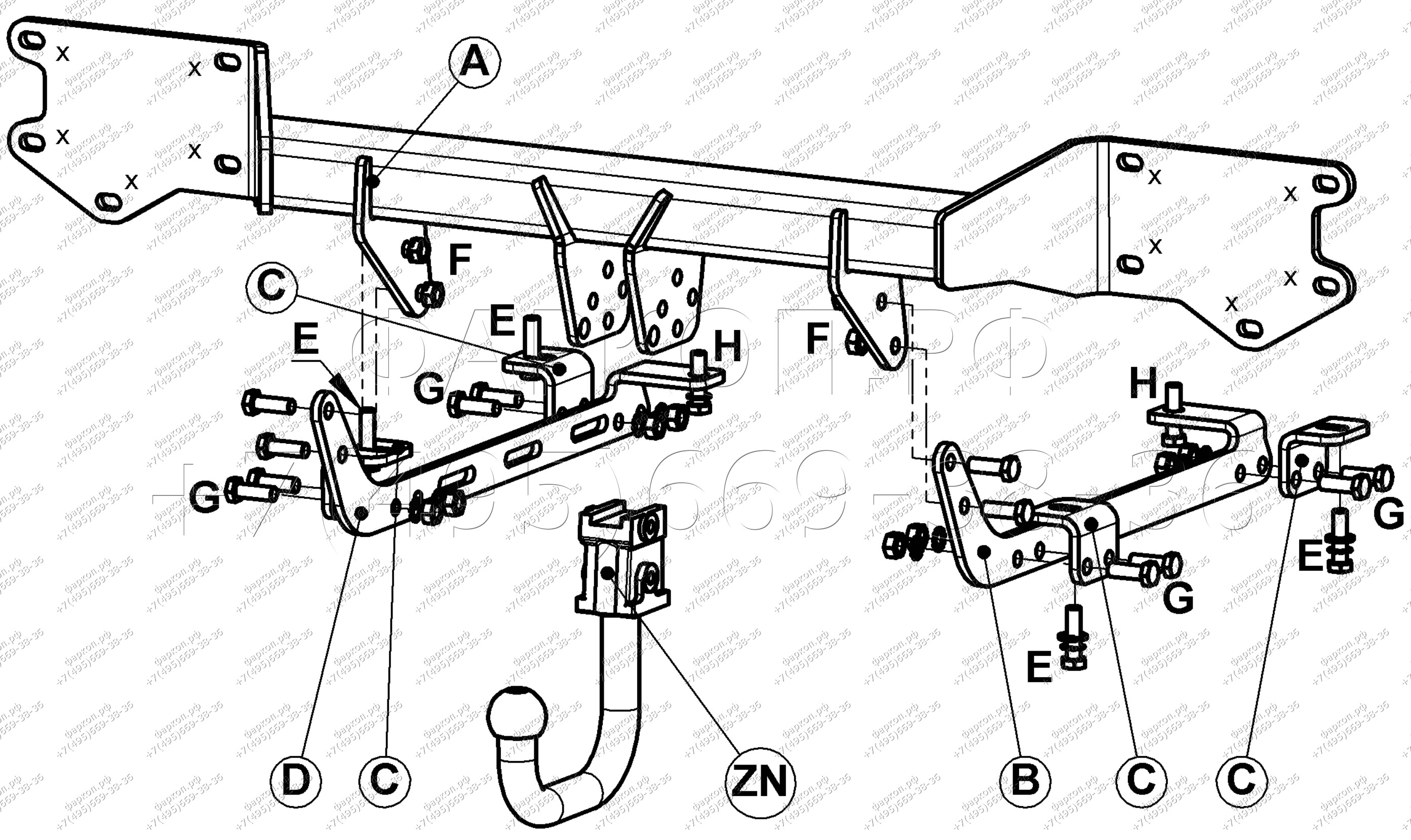 Фаркоп на Land Rover Range Rover Sport L494 2013-2022, кроме Revere HSR. Быстросъемное вертикальное крепление шара на ключе. Требуется вырез в бампере. Нагрузки 3500/150 кг, масса фаркопа 33 кг